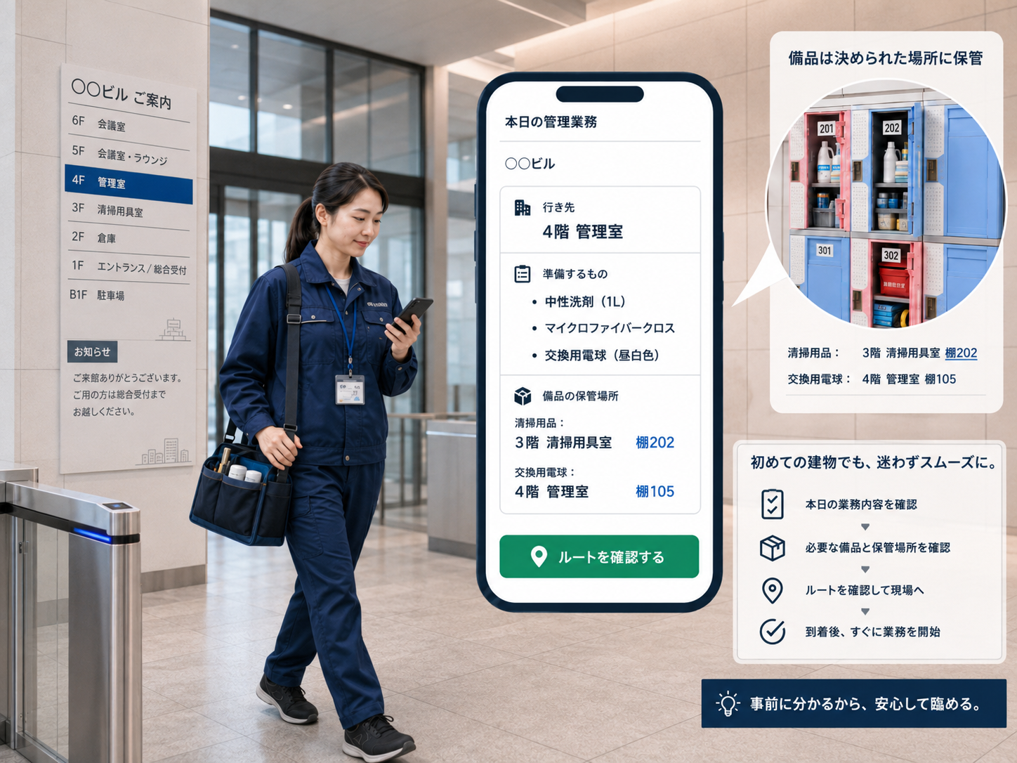 ビル管理スタッフがスマートフォンで本日の管理業務、必要な備品、保管場所を確認している様子