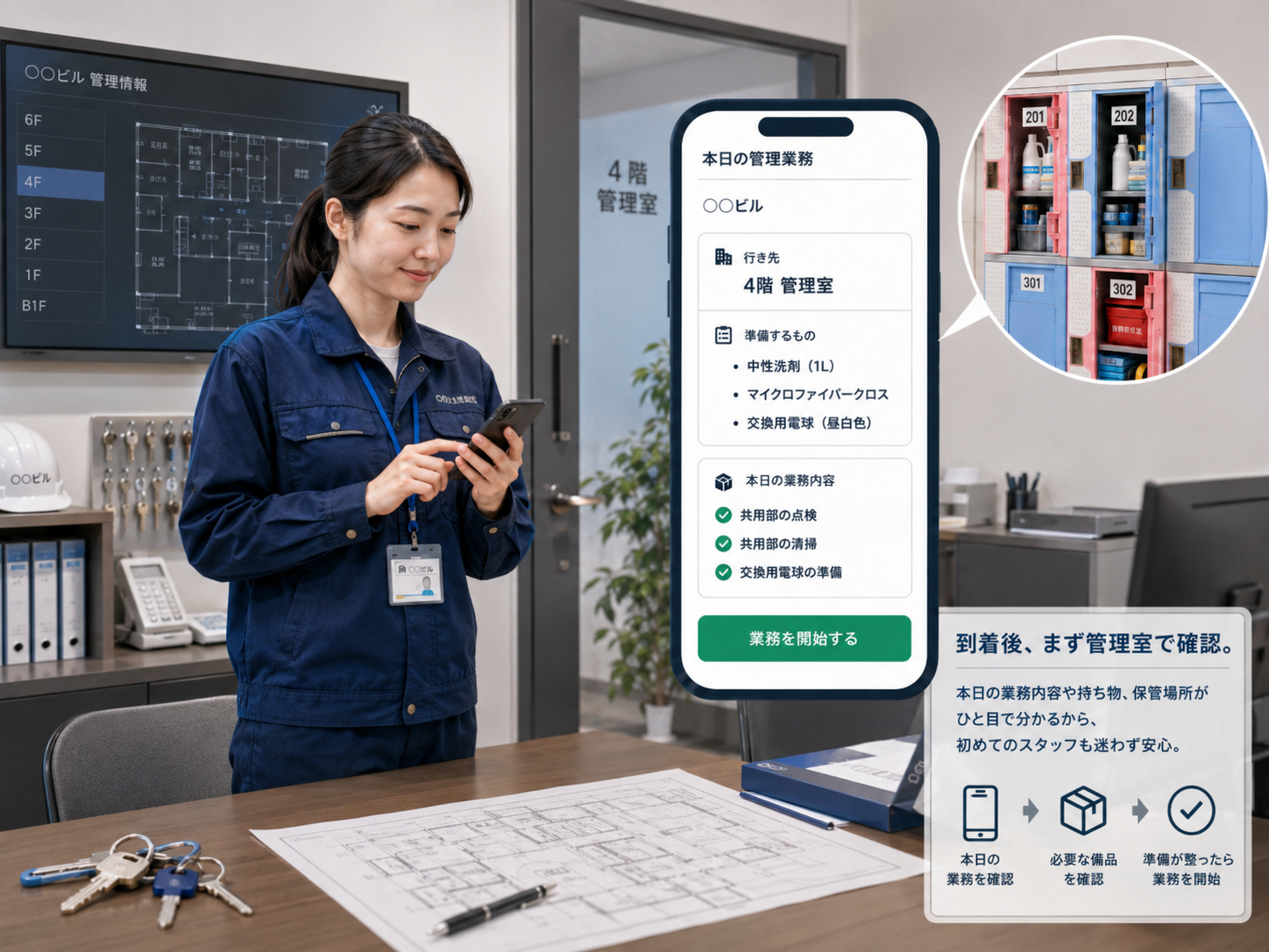 管理室でスマートフォンから本日の管理業務と必要な備品を確認するビル管理スタッフ