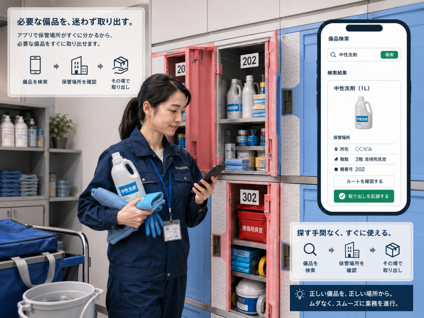 備品を検索し、表示された清掃用具室と棚番号から取り出す様子