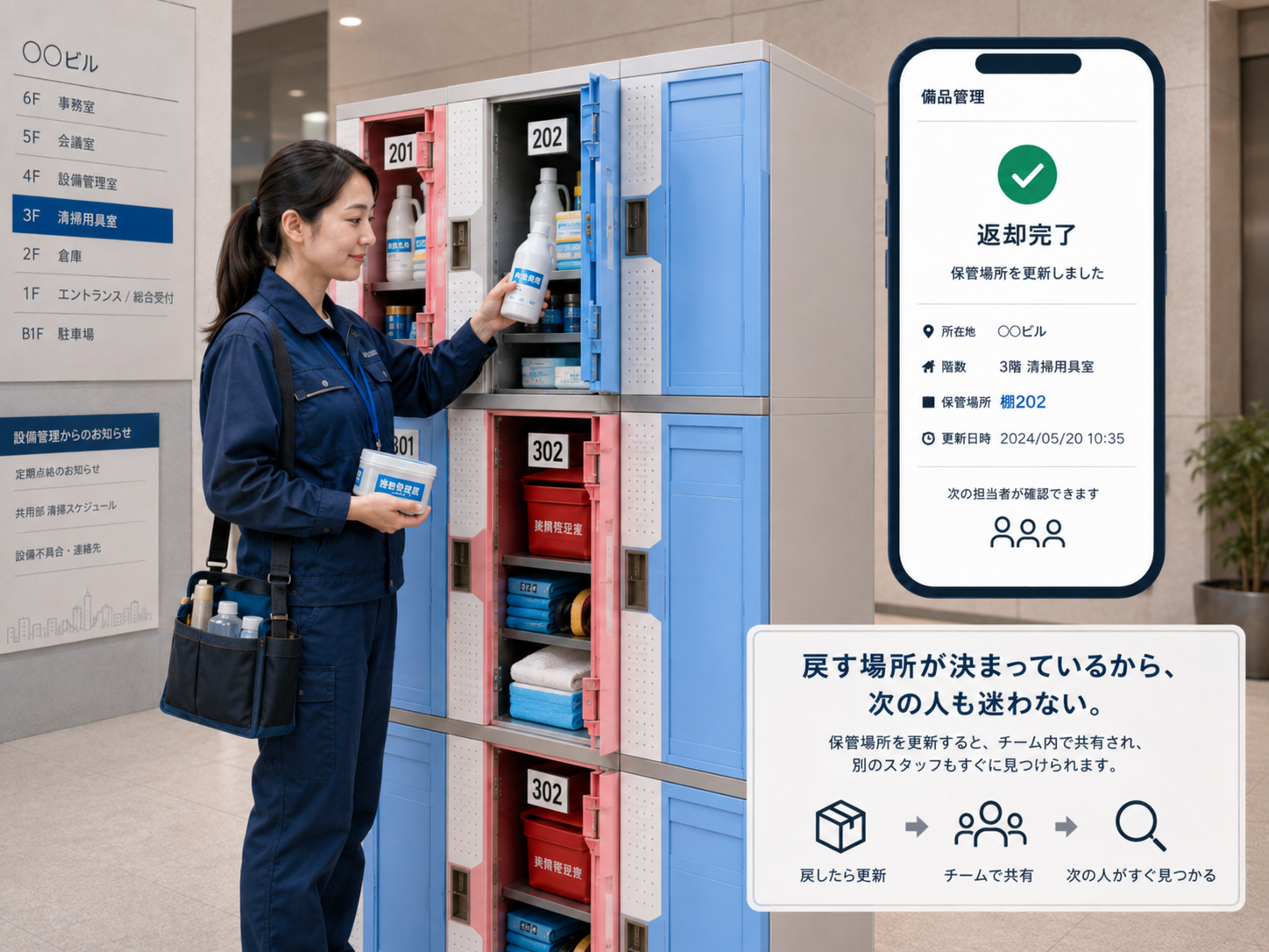 使用した備品を決められた棚へ返却し、保管場所を更新する様子